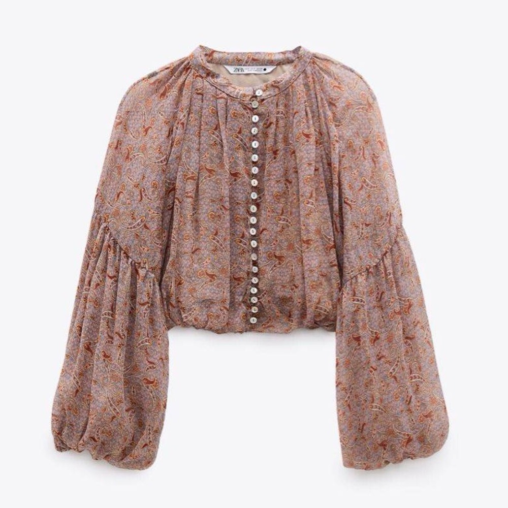 Zara Desenli Bohemian Retro Paisley Batwing Balloon Long Sleeve Crop Top NEW XS